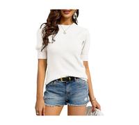 Women's Puff Short Sleeve Sweaters Pullover Shirt Tops Crew Neck Lightweight Knit Sweater Blouses (white, XL)