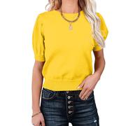 Women's Puff Short Sleeve Sweaters Pullover Shirt Tops Crew Neck Lightweight Knit Sweater Blouses (yellow, S)