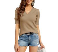 Women's Puff Short Sleeve T-Shirt Pullover V-Neck Fine Knit Lightweight Knitted Jumper Basic Tops Stretch Blouse, khaki, M