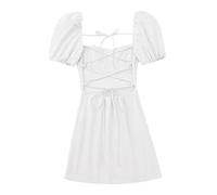 Womens Puff Sleeve Mini Dresses Sexy Ruched Scoop Neck Tie Back Club Party Dresses 2023 Summer Casual Bodydoll Dress(White,Small)