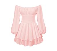 Women's Puff Sleeve Off Shoulder Mini Dress Ruffle Tiered Smocked Layered Flowy Dress A Line Swing Beach Smocked Short Dress (A-Pink, S)