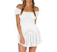 Women's Puff Sleeve Off Shoulder Mini Dress Square Neck Ruffled A Line Flowy Swing Beach Dress Summer Smocked Sundress (White, S)
