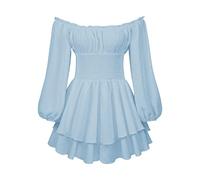 Women's Puff Sleeve Off Shoulder Mini Dress Square Neck Ruffled A Line Flowy Swing Beach Dress Summer Smocked Sundress (Blue#1, L)