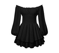 Women's Puff Sleeve Off Shoulder Mini Dress Square Neck Ruffled A Line Flowy Swing Beach Dress Summer Smocked Sundress (Black#1, S)