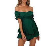 Women's Puff Sleeve Off Shoulder Mini Dress Square Neck Ruffled A Line Flowy Swing Beach Dress Summer Smocked Sundress (Dark Green#3, M)