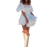 Women's Puff Sleeve Off Shoulder Mini Dress Square Neck Ruffled A Line Flowy Swing Beach Dress Summer Smocked Sundress (White#2, M)