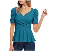 Women's Puff Sleeve Tops Clearance Elegant Wrap V Neck Work Office Top Party Loose Soft Blouses Ladies Puffy Sleeve Casual Solid Tops Plus Size Dressy Empire Waist Shirts Pleated Flowy Tops