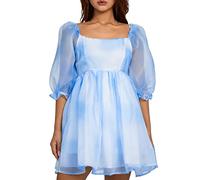Women's Puff Sleeve Tulle Mini Dress Elegant Square Neck Short A Line Dress Casual Mesh Flowy Fairy Princess Party Dress (A-Blue, XXL)