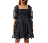 Women's Puff Sleeve Tulle Mini Dress Elegant Square Neck Short A Line Dress Casual Mesh Flowy Fairy Princess Party Dress (A-Black, M)