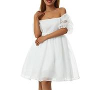 Women's Puff Sleeve Tulle Mini Dress Elegant Square Neck Short A Line Dress Casual Mesh Flowy Fairy Princess Party Dress (A-White, L)