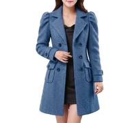 Womens Puff Sleeve Wool Trench Coat, Double Breasted Long Jacket | Insulating Wool Blend Fabric | Double Breasted Button Front | Elegant Puff Sleeve Accent | Smart Mid Length Coat
