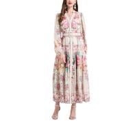 Women's Puff Sleeves V Neck Chiffon Floral Dress Elegant Casual A Line Maxi Dresses with Belt Apricot S