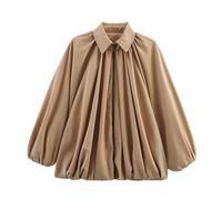 Women's Puffed Bomber Jacket Oversized Streetwear Casual Batwing Sleeve Jackets Lapel Collar Zip Front Pleated Shirts Coat Autumn Winter Lightweight Long Sleeve Flight Jackets(Khaki, S)