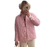 Women's Puffer Jacket Stripe Turn-Down Collar Buttons Quilted Coat Fall Winter Long Sleeve Padded Lightweight Jacket (A-Pink, XL)
