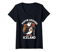 Womens Puffin Iceland Hiking Cartoon Bird Travel Souvenir V-Neck T-Shirt