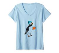 Women's Puffin with Coffee Cup - Cute Atlantic Bird V-Neck T-Shirt