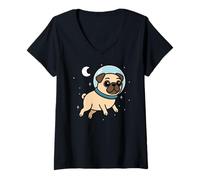 Womens Pug Animal Lover Dog Astronaut Space Moon Mom Dad Kids V-Neck T-Shirt