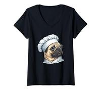 Women's Pug Chef Cartoon Cooking Illustration Graphic V-Neck T-Shirt