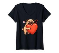 Womens Pug Dog Valentines Day Animal Lover Heart Mom Dad Kids V-Neck T-Shirt