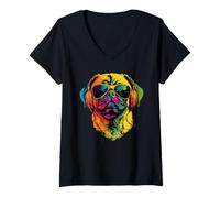 Womens Pug Dogs Cool Sunglasses Pug Funny Dog Lover Pugs V-Neck T-Shirt