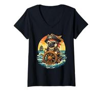 Women's Pug Dressed As A Pirate Funny Dog Pug Halloween V-Neck T-Shirt