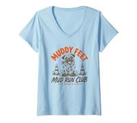 Women's Pug Muddy Feet Mud Run Club Get Down and Dirty V-Neck T-Shirt