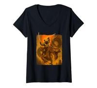 Womens Pug Ninja Riding Dragon Japanese Samurai Ukiyo-E Dog Lover V-Neck T-Shirt