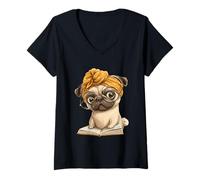 Women's Pug Open Book Reading Dog Lover Graphic Portrait Round Polka V-Neck T-Shirt