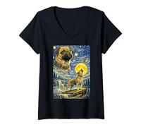 Women's Pug Starry Night Van Gogh Cute Howling Dog V-Neck T-Shirt