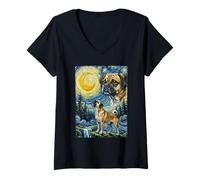 Women's Puggle Howling At The Moon Impressionist Starry Night Art V-Neck T-Shirt