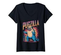 Womens Pugzilla Giant Pug Monster Parody V-Neck T-Shirt