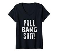 Womens Pull Bang Shit Skeet Trap Clay Shotgun Shooting Distressed V-Neck T-Shirt