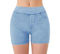 Women's Pull On Jean Shorts, Cycling Shorts for Women Curvy Slim Fit Totally Shaping Skinny Stretchy Comfy Cotton Washed Gym Sport Workout Running Biker Yoga Shorts with Pockets Sky Blue