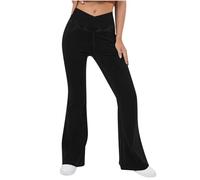 Womens Pull on Jeans Crossover Trendy Tummy Control Flare Pants with Pockets High Waisted Stretchy V Cross Pants (Black,S)