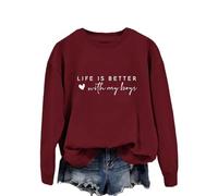 Women's Pullover 54 Sweatshirt "Life is Better with My Boys" for Women, Funny Sweatshirt with Mum Letter, Casual Pullover Tops Light Blue Pullover Women, Wine Red, XXL