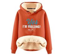 Womens Pullover Hoodies Winter Oversized Warm Tops Women's Long Sleeve Letters Yes Im Freezing Printed Velvet Warm Hooded Sweatshirt Womens Thick Hoodie (Orange, L)