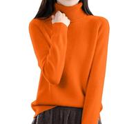 Women's Pullover Sweater Long Knitted Cashmere Turtleneck Winter Warm Orange Jumper Ladies Wool Knit Casual High Neck Blouse Solid Loose Mock Sweatshirt Soft Outdoor Knitwear Slim Comfortable Cotton