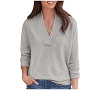 Women's Pullover T-Shirts with Deep V-Neck, Ultra Soft, Solid Colour, Long Sleeve, Tops, Blouse for Adults, Teenager T Shirt Men, gray, XL