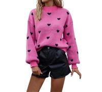 Women's Pullover with Crew Neck, Fashionable Winter Top, Casual, Loose, Long Sleeve Sweater, Heart Print Design, pink, M