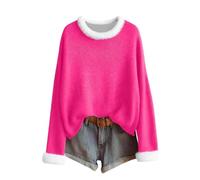 Women's Pullover with Soft Faux Fur Trim - Long Sleeve Shirt with Fluffy Details Cosy Winter Jumper for the Cold Season, Style_a05 Hot Pink, L
