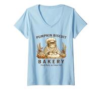 Women's Pumpkin Biscuit Bakery Baking Cat Kneading Dough Vintage V-Neck T-Shirt
