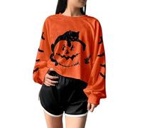 Women's Pumpkin Cat Graphic Cropped Sweatshirt Fall Halloween Long Sleeve Pullover Spooky Season Jumpers