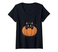 Womens Pumpkin Cat Shirt Cute Halloween Kitty and Bats V-Neck T-Shirt
