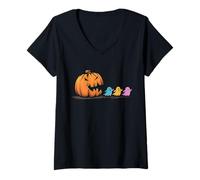 Womens Pumpkin Chasing & Eating Ghosts Funny Retro Halloween Gamer V-Neck T-Shirt