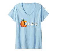 Womens Pumpkin Chasing Ghosts Playful Halloween V-Neck T-Shirt