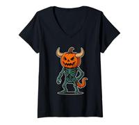 Womens Pumpkin Demon Skeleton V-Neck T-Shirt