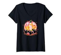 Womens Pumpkin Disco Ball Dancing Bats Halloween Disco Party V-Neck T-Shirt