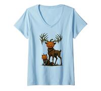 Womens Pumpkin Head Deer Raccoon Funny Spooky Creepy Halloween Buck V-Neck T-Shirt