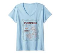 Womens Pumpkin Kisses Harvest Wishes Autumn Thanksgiving Fall V-Neck T-Shirt
