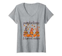 Womens Pumpkin Kisses Harvest Wishes Fall Autumn Gnome Truck Design V-Neck T-Shirt